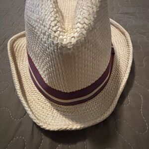 Peter Grimm Cream Straw Fedora with Burgundy & Navy Trim